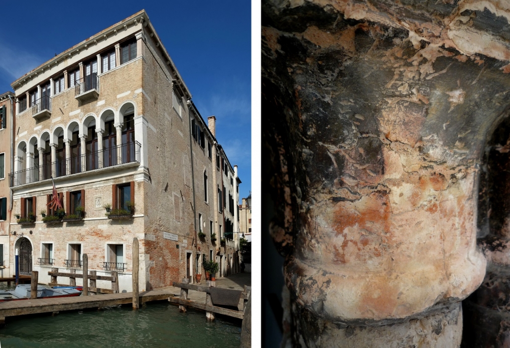 Palazzo Donà dela Madonata after renovation and a capital of the twin columns prior to renovation (photo veniceteam 2012 and 2016)