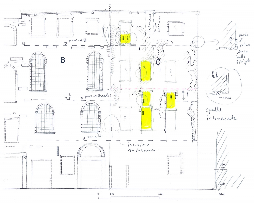 Palazzo Donà dela Madonata, façade at right angles to the Grand Canal, survey of bricked-up windows contemporaneous with conserved plaster fragments (veniceteam 2013)